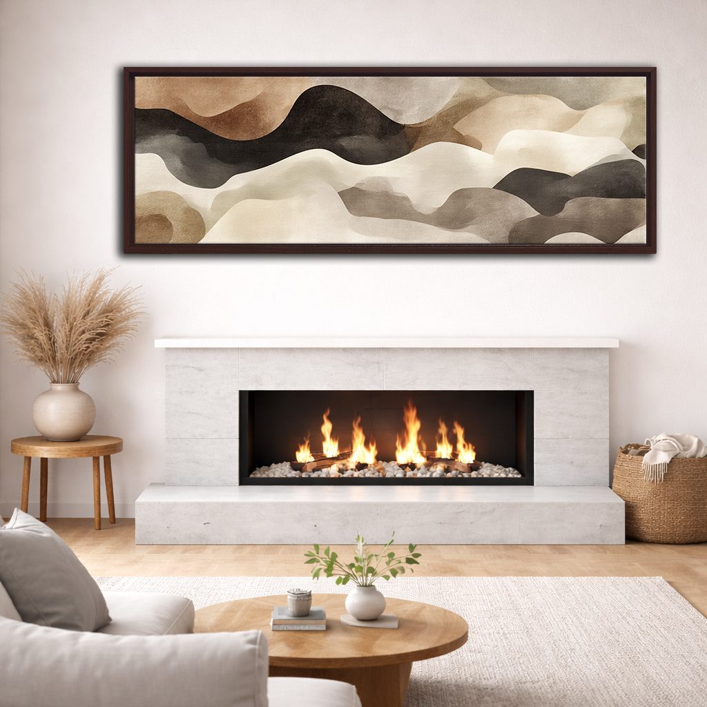 Neutral Black and Beige Waves Abstract canvas wall art, walnut floating frame