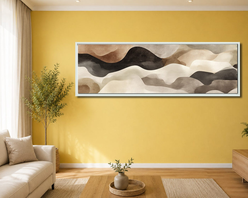 Neutral Black and Beige Waves Abstract canvas wall art, white floating frame