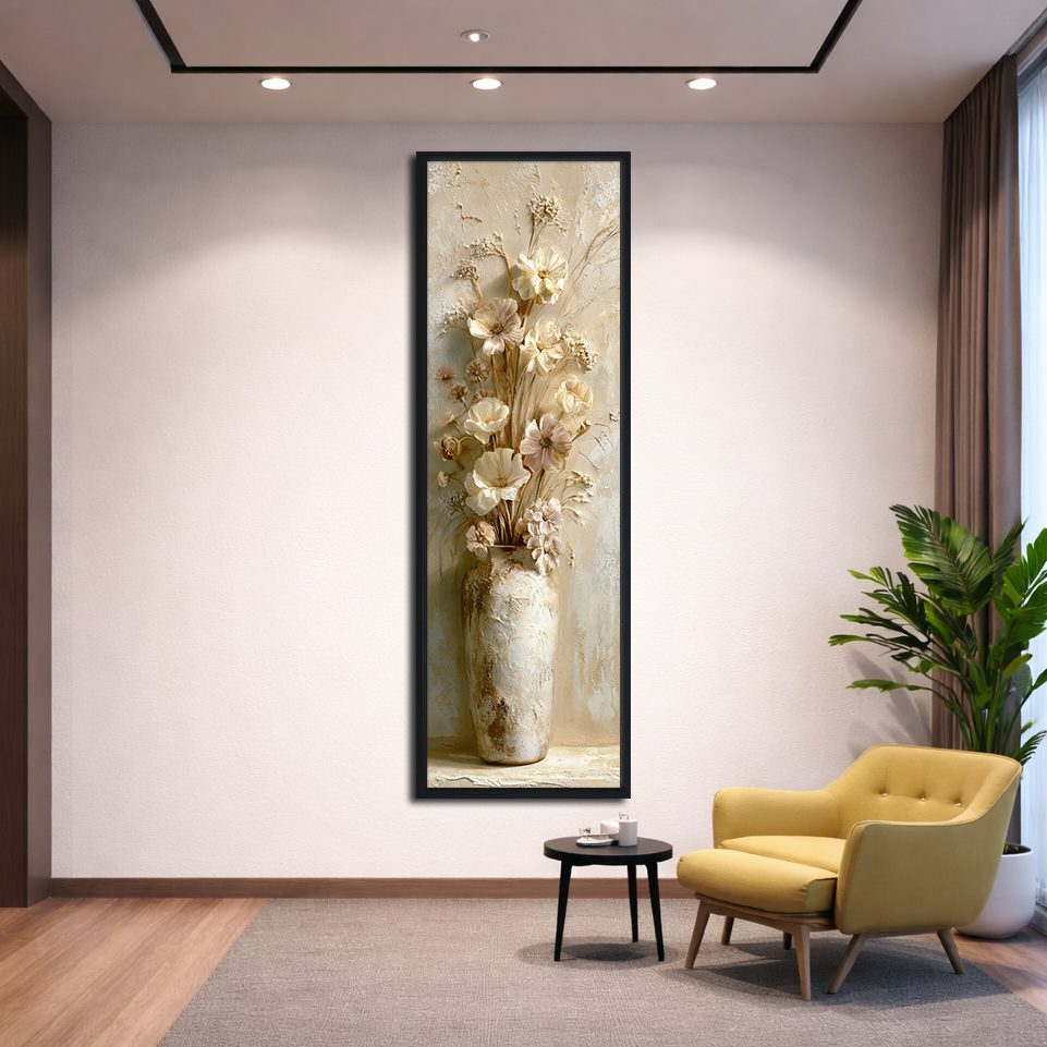 Neutral Flowers in Vase canvas wall art, black floating frame