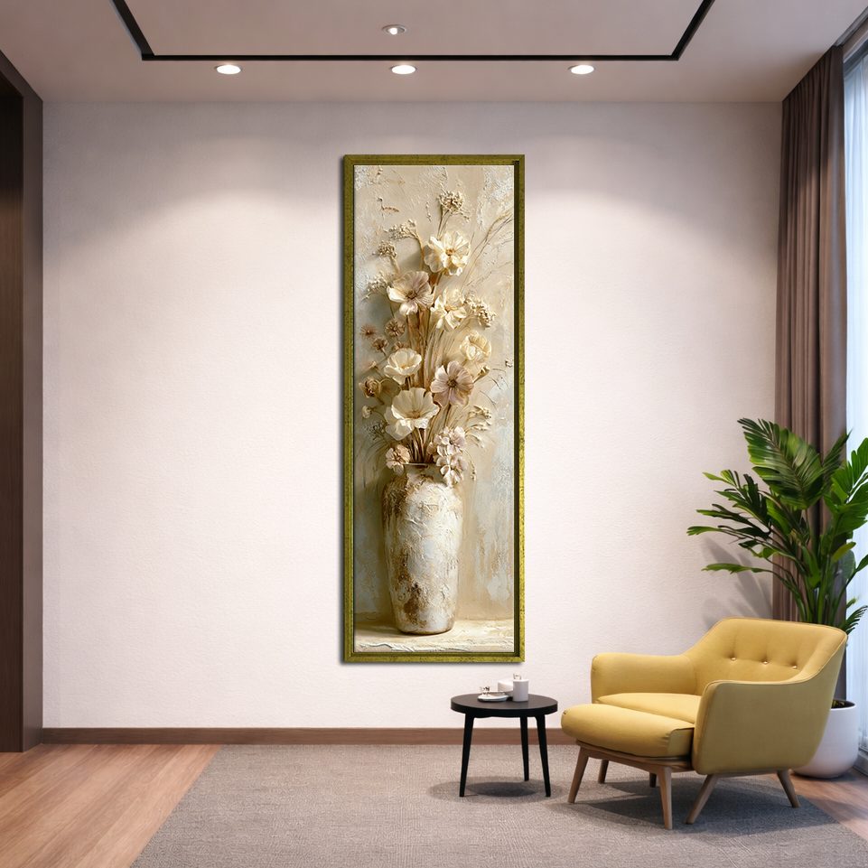 Neutral Flowers in Vase canvas wall art, gold floating frame