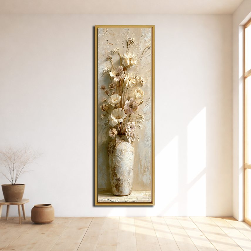 Neutral Flowers in Vase canvas wall art, natural wood floating frame