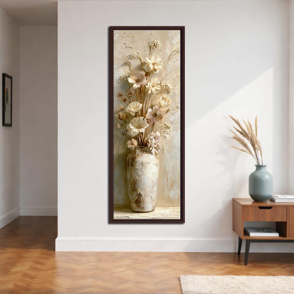 Neutral Flowers in Vase canvas wall art, walnut floating frame