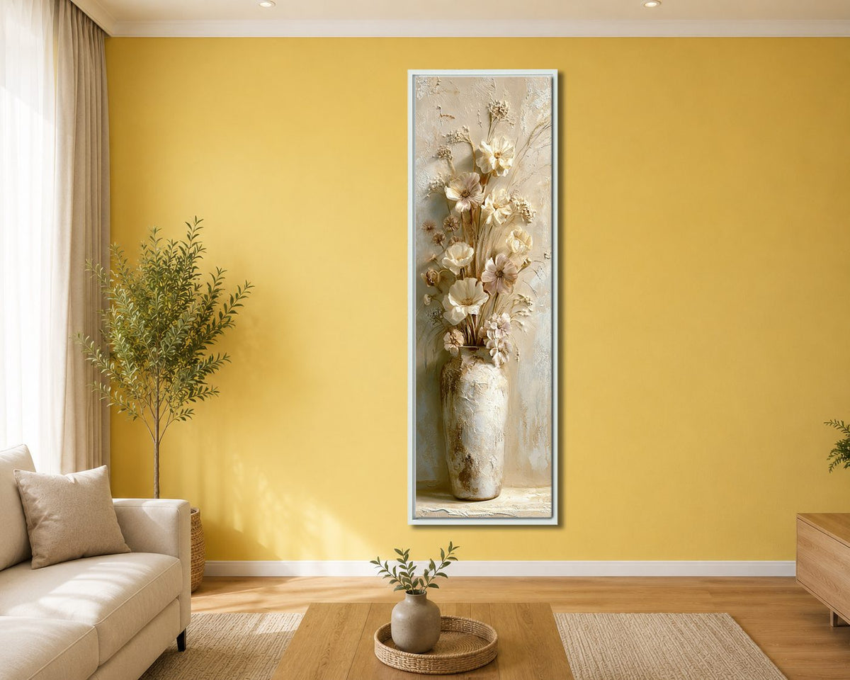 Neutral Flowers in Vase canvas wall art, white floating frame