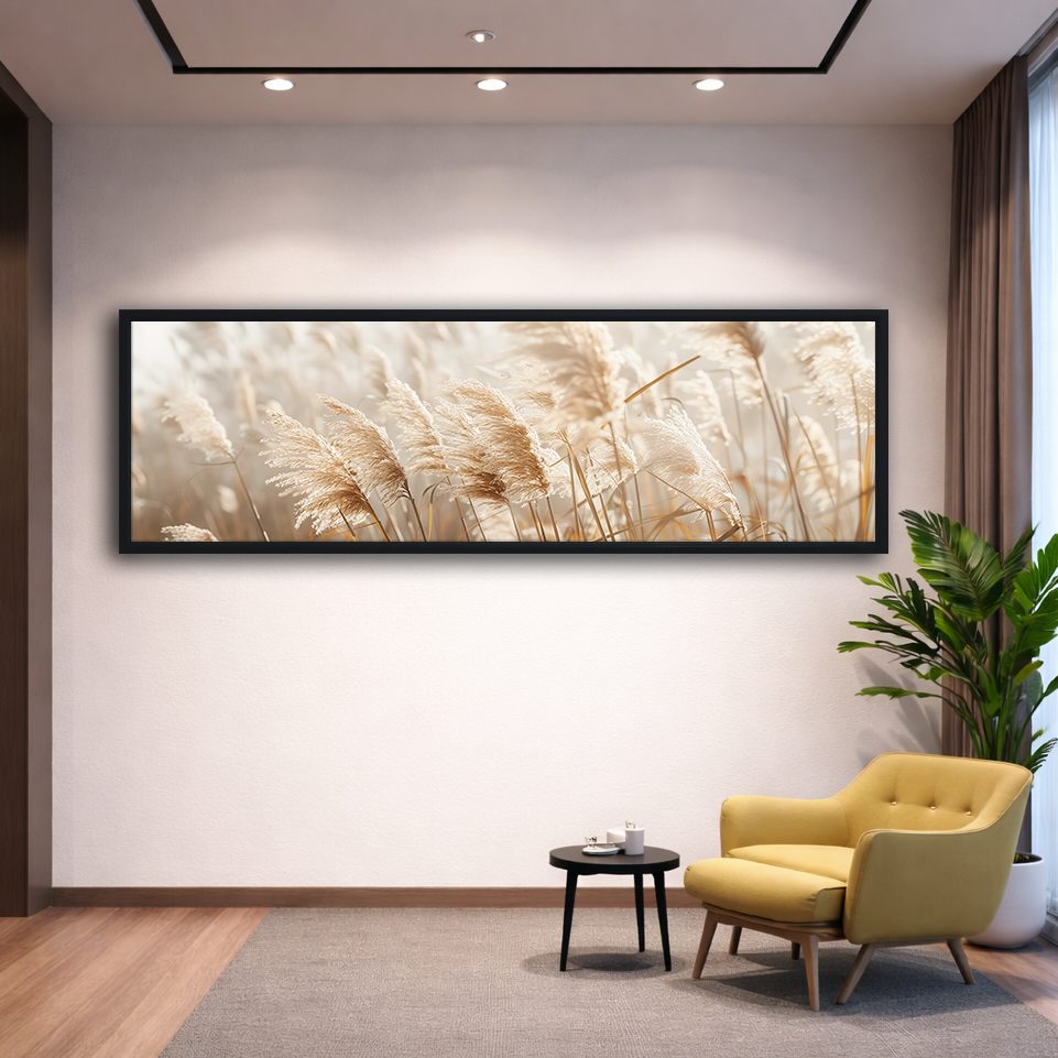 Neutral Pampas Grass Close-up canvas wall art, black floating frame