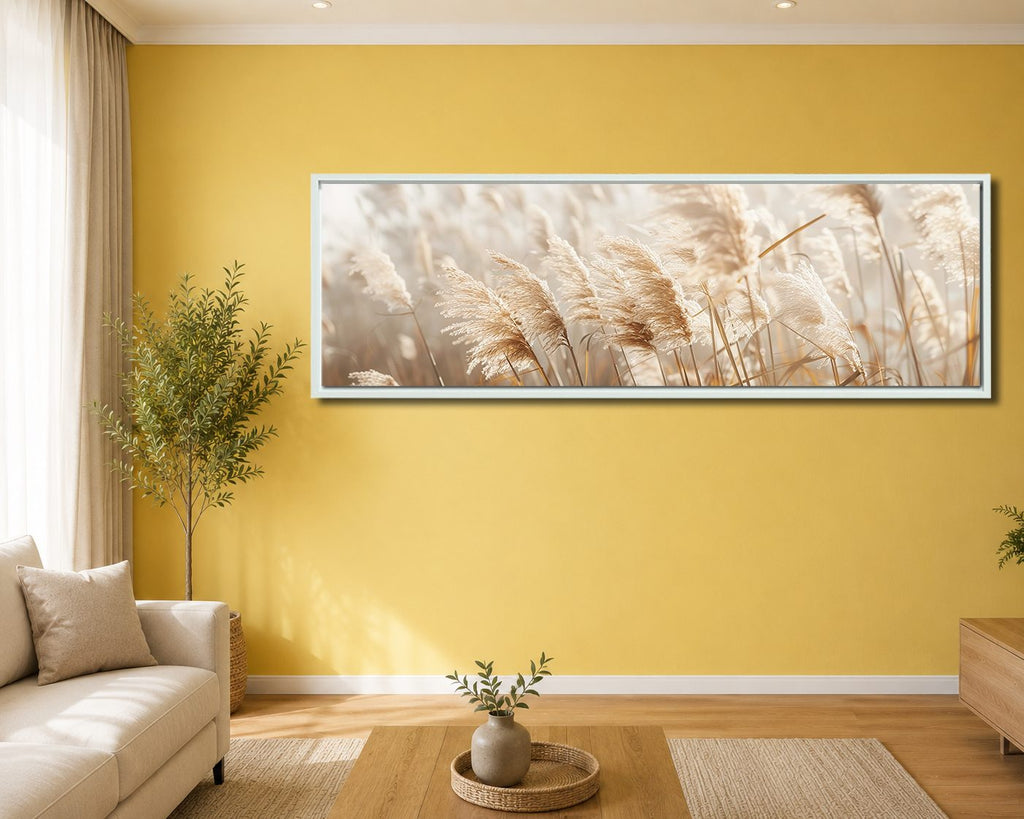 Neutral Pampas Grass Close-up canvas wall art, white floating frame