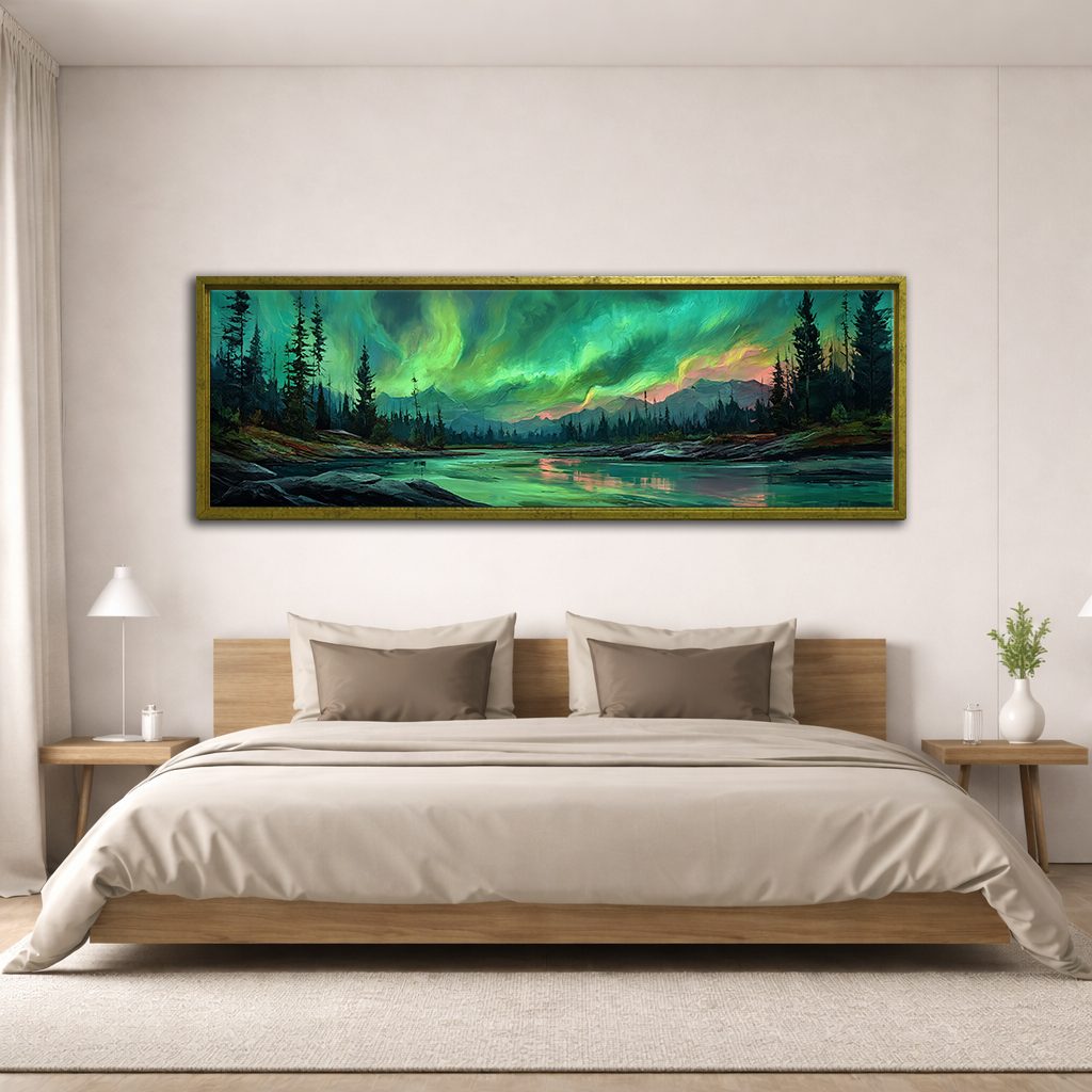 Northern Lights over Forest River canvas wall art, antique gold floating frame