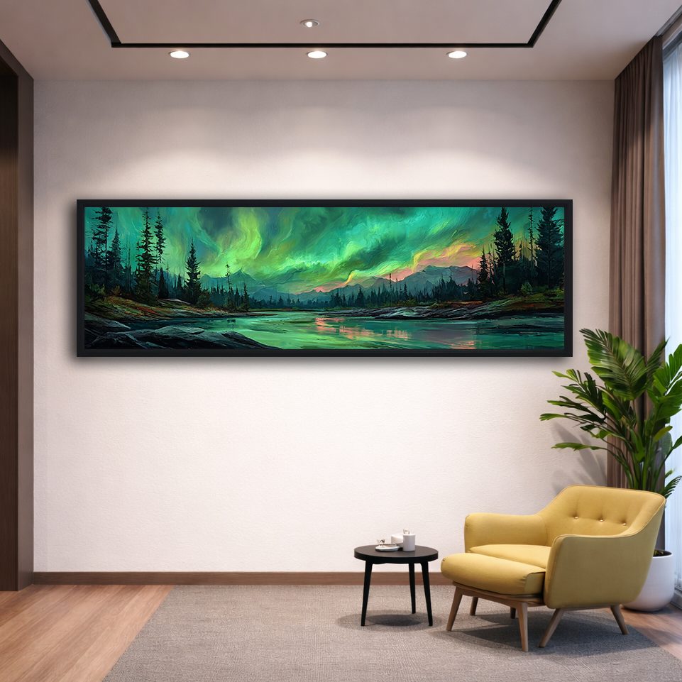 Northern Lights over Forest River canvas wall art, black floating frame