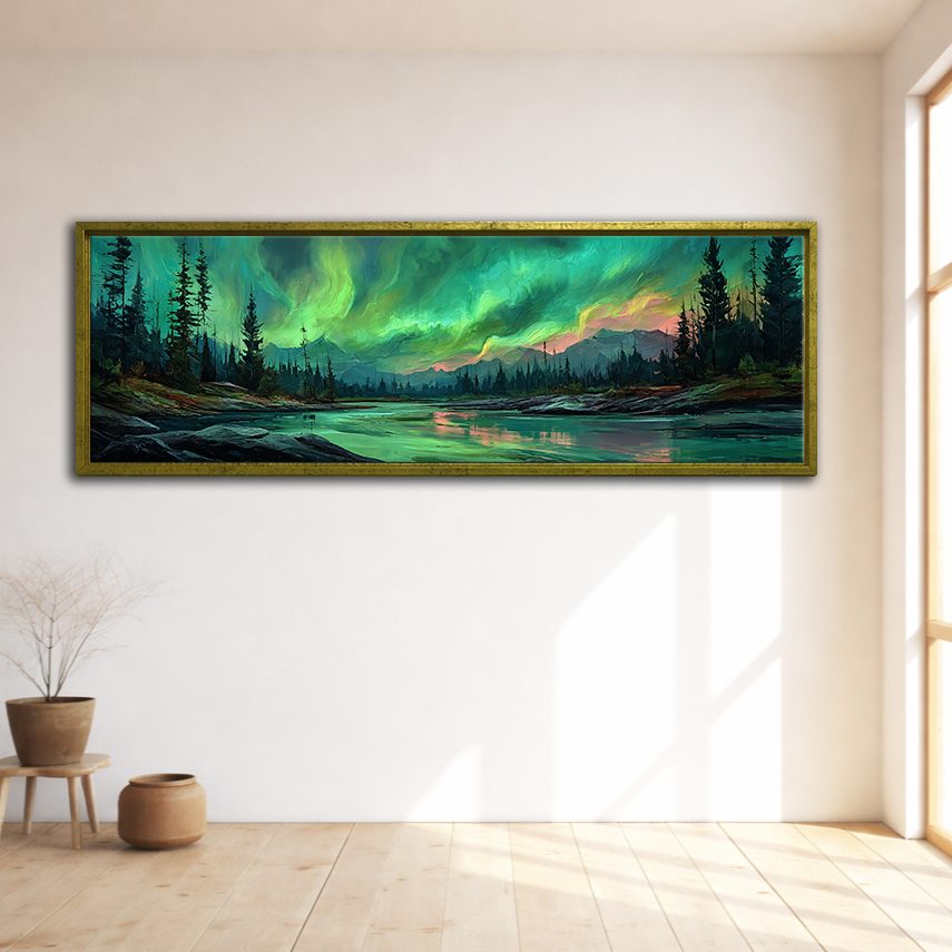 Northern Lights over Forest River canvas wall art, gold floating frame