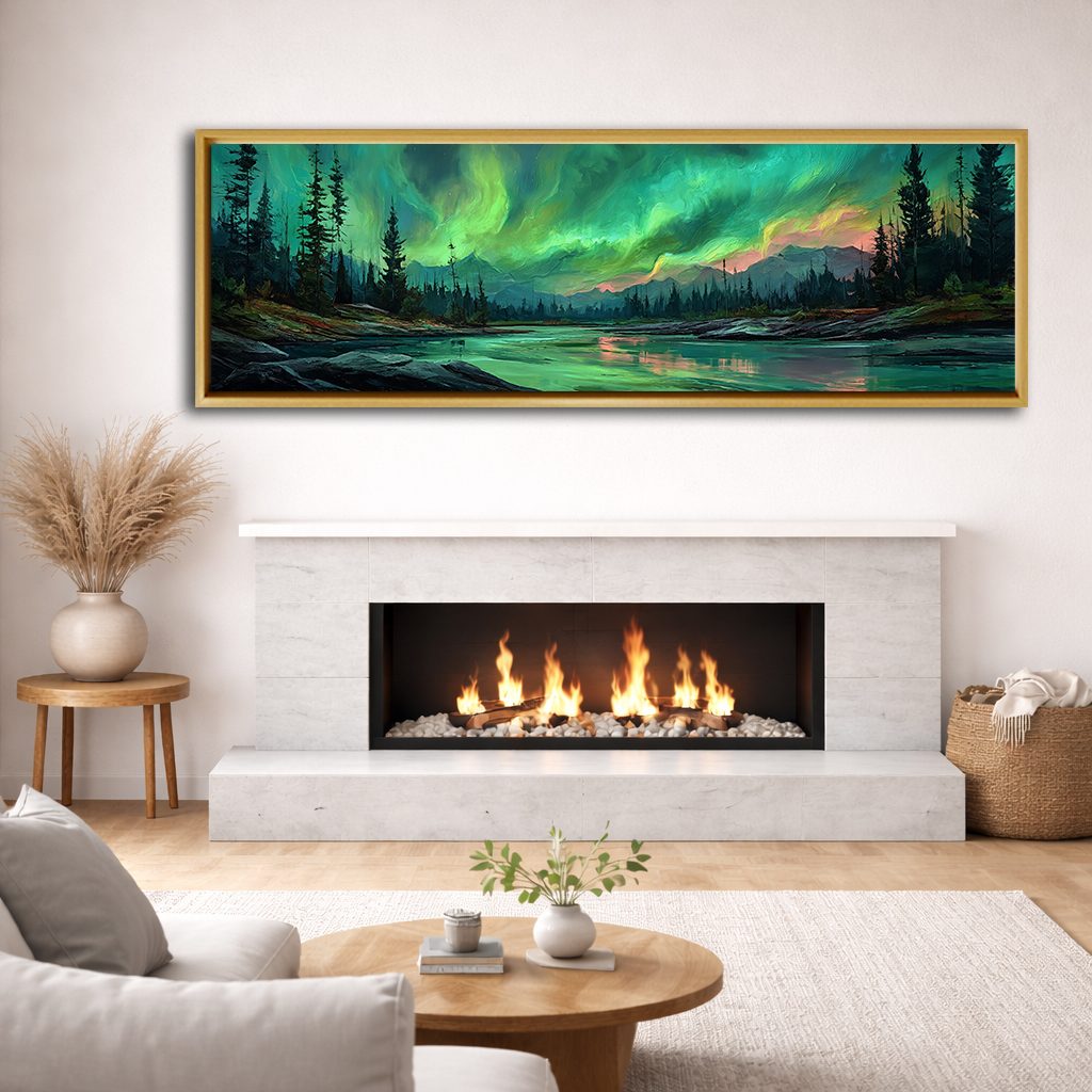 Northern Lights over Forest River canvas wall art, natural wood floating frame