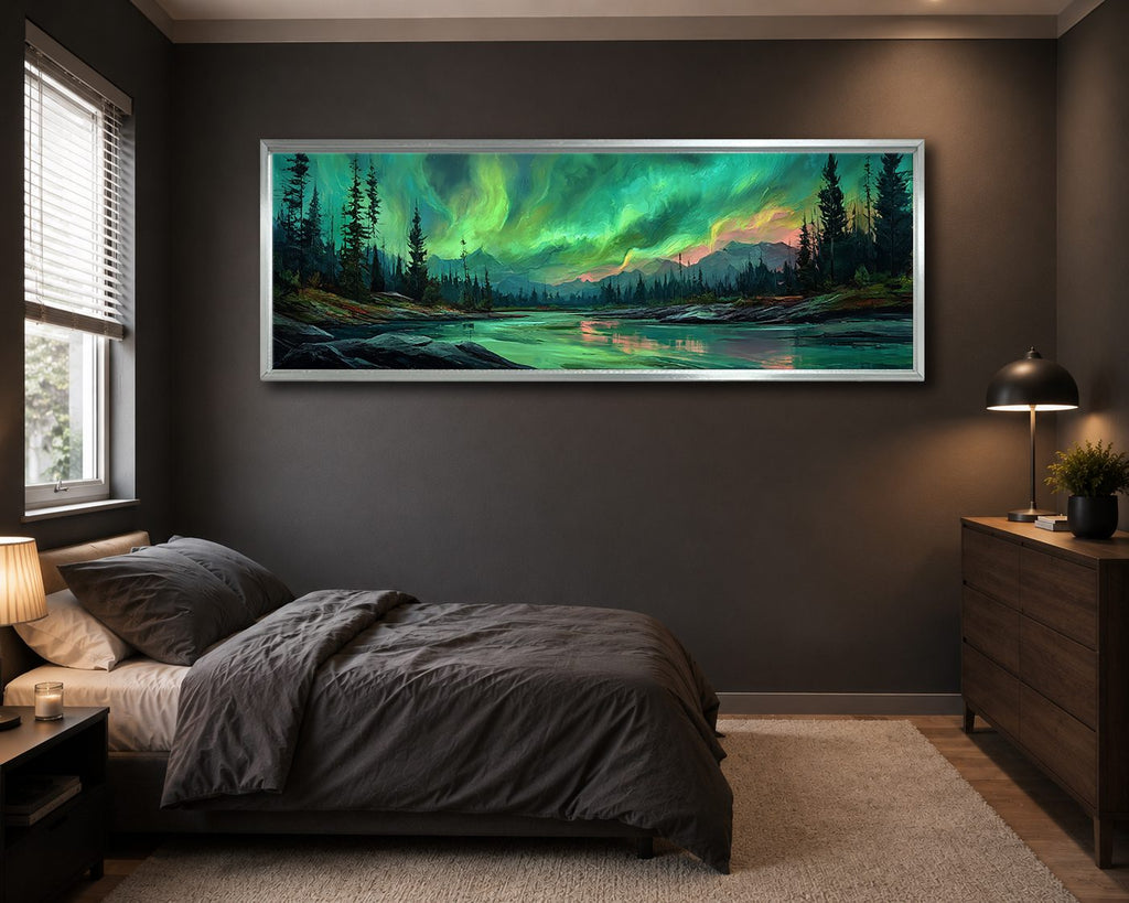 Northern Lights over Forest River canvas wall art, silver floating frame