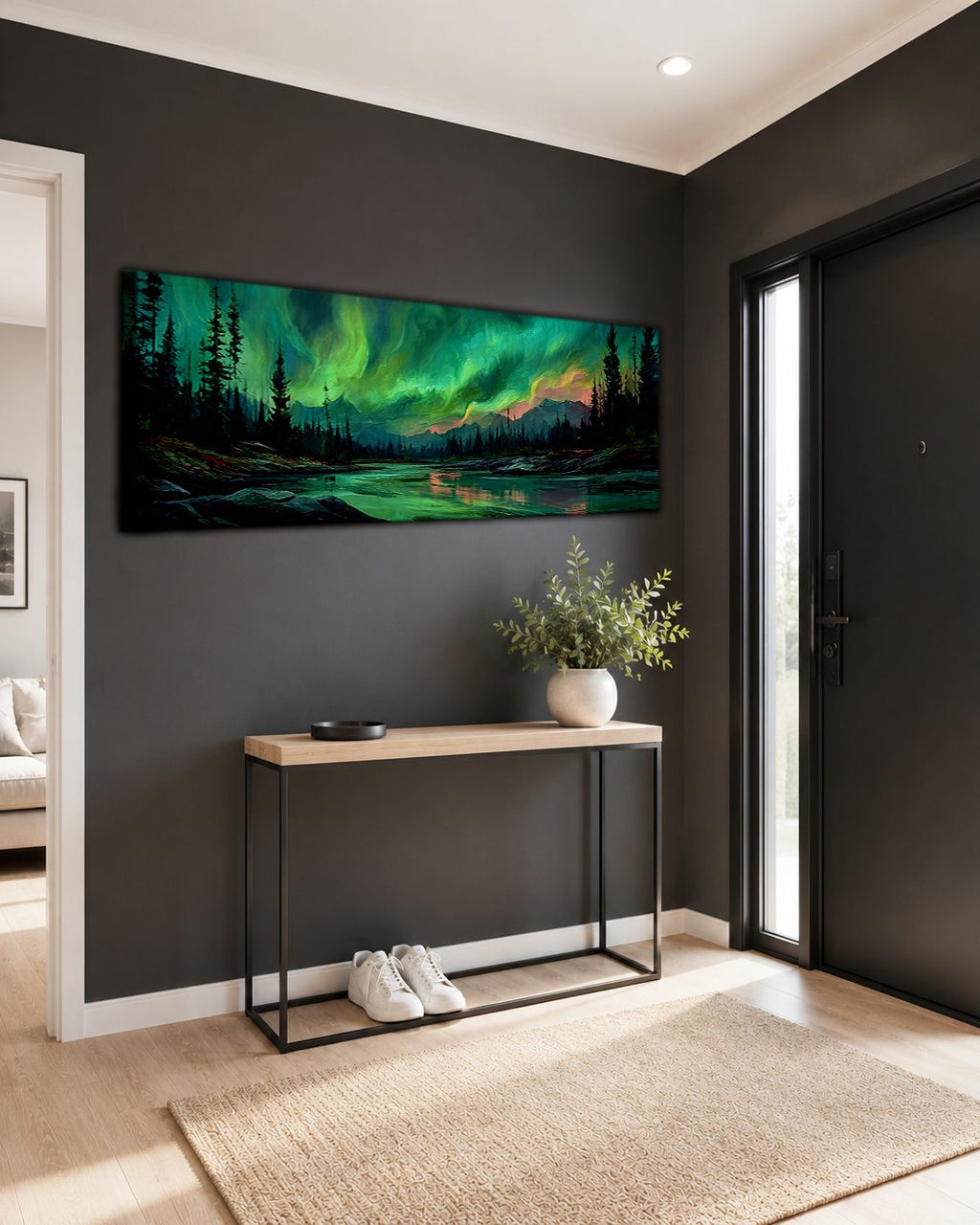 Northern Lights over Forest River canvas wall art, unframed canvas