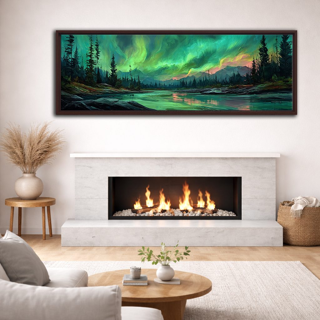 Northern Lights over Forest River canvas wall art, walnut floating frame