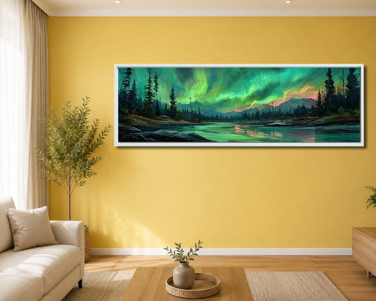 Northern Lights over Forest River canvas wall art, white floating frame