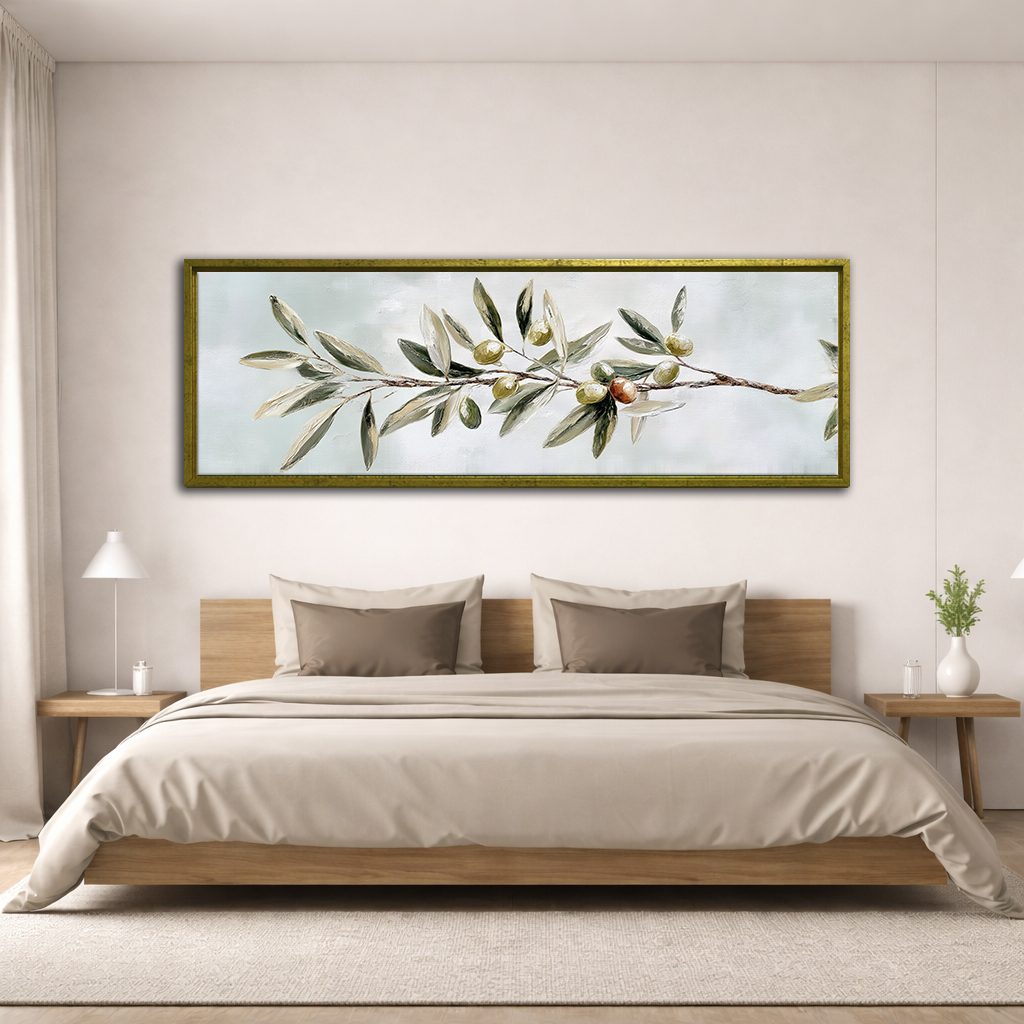 Olive Branch Botanical canvas wall art, antique gold floating frame