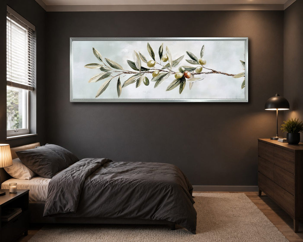 Olive Branch Botanical canvas wall art, silver floating frame