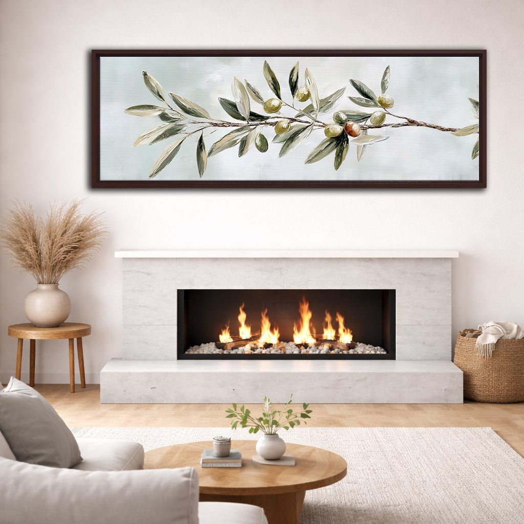 Olive Branch Botanical canvas wall art, walnut floating frame