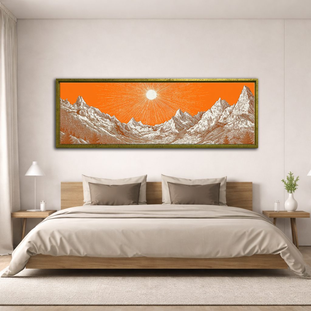 Orange Sky Silver Mountains canvas wall art, antique gold floating frame