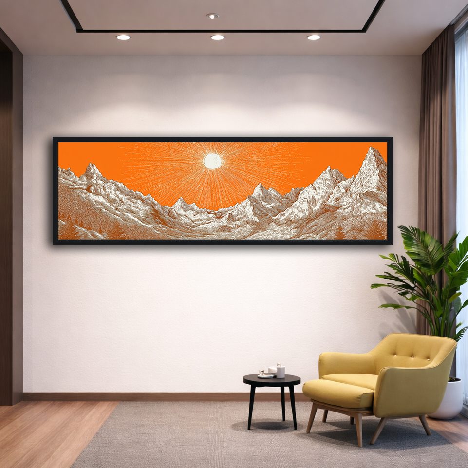 Orange Sky Silver Mountains canvas wall art, black floating frame