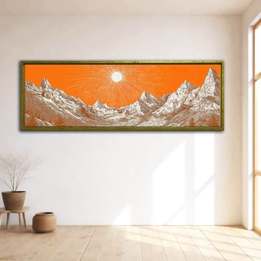 Orange Sky Silver Mountains canvas wall art, gold floating frame