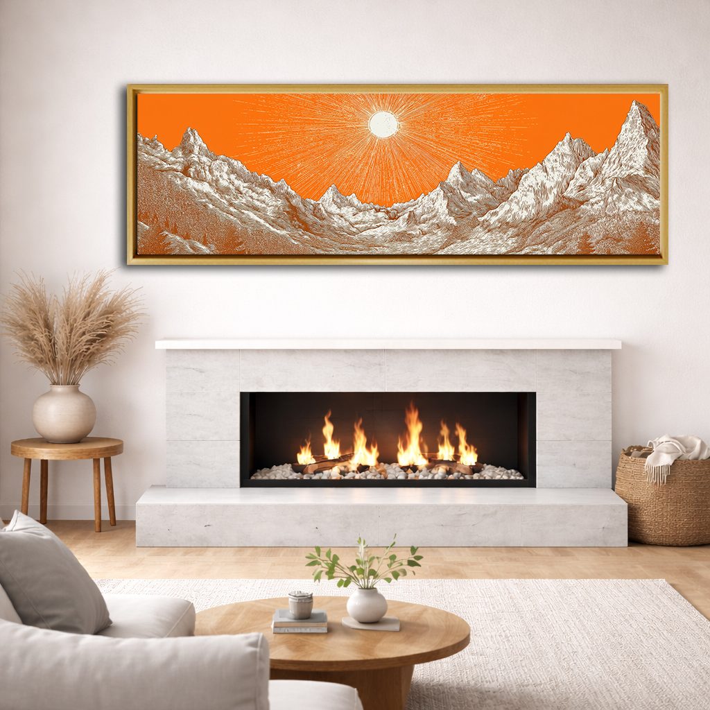 Orange Sky Silver Mountains canvas wall art, natural wood floating frame