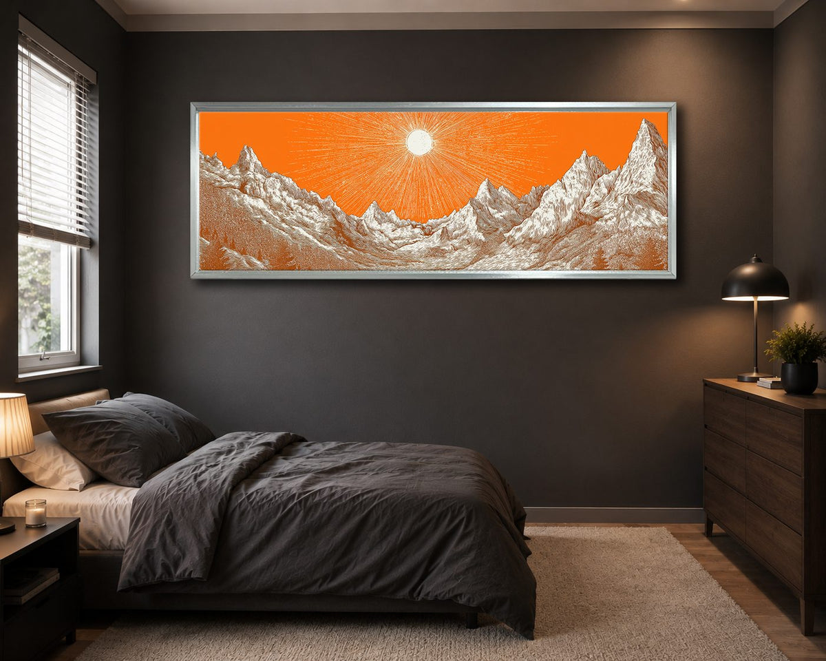 Orange Sky Silver Mountains canvas wall art, silver floating frame