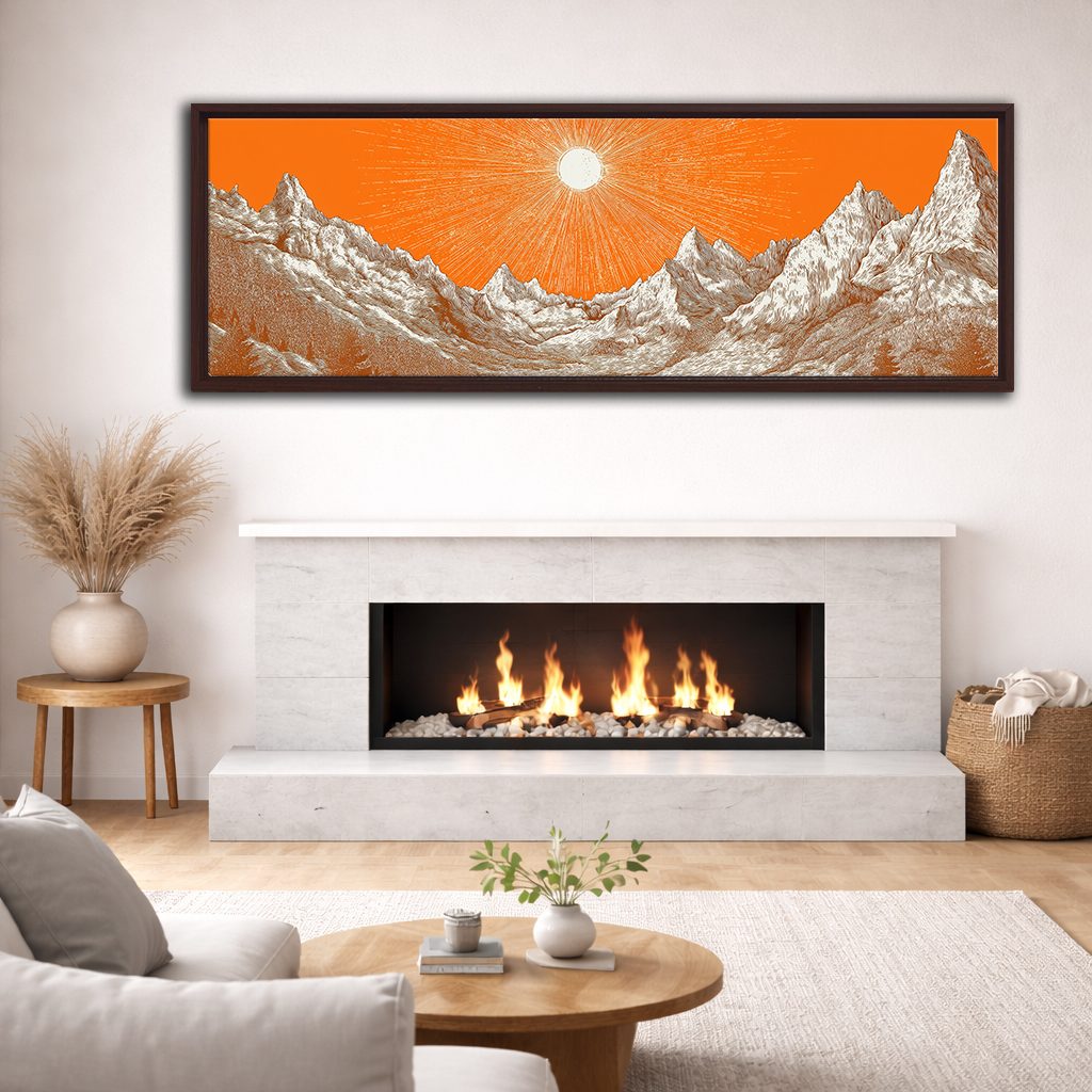 Orange Sky Silver Mountains canvas wall art, walnut floating frame