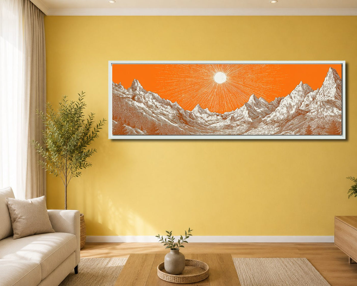 Orange Sky Silver Mountains canvas wall art, white floating frame