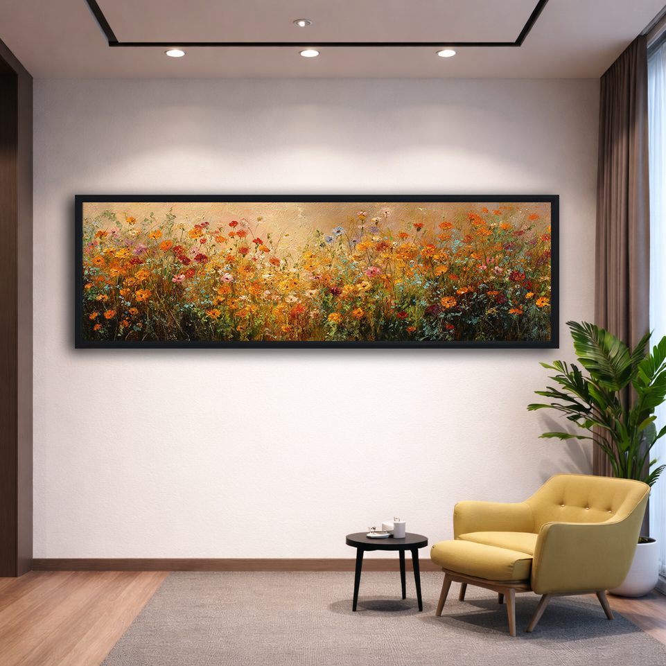 Orange Wildflower Meadow canvas wall art, black floating frame
