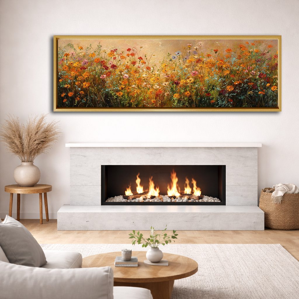Orange Wildflower Meadow canvas wall art, natural wood floating frame