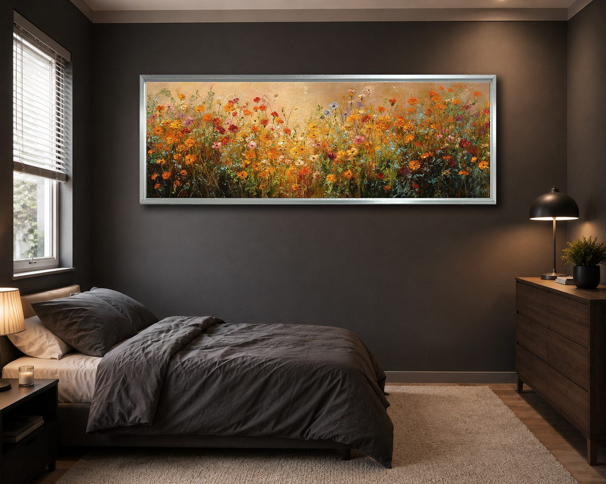 Orange Wildflower Meadow canvas wall art, silver floating frame