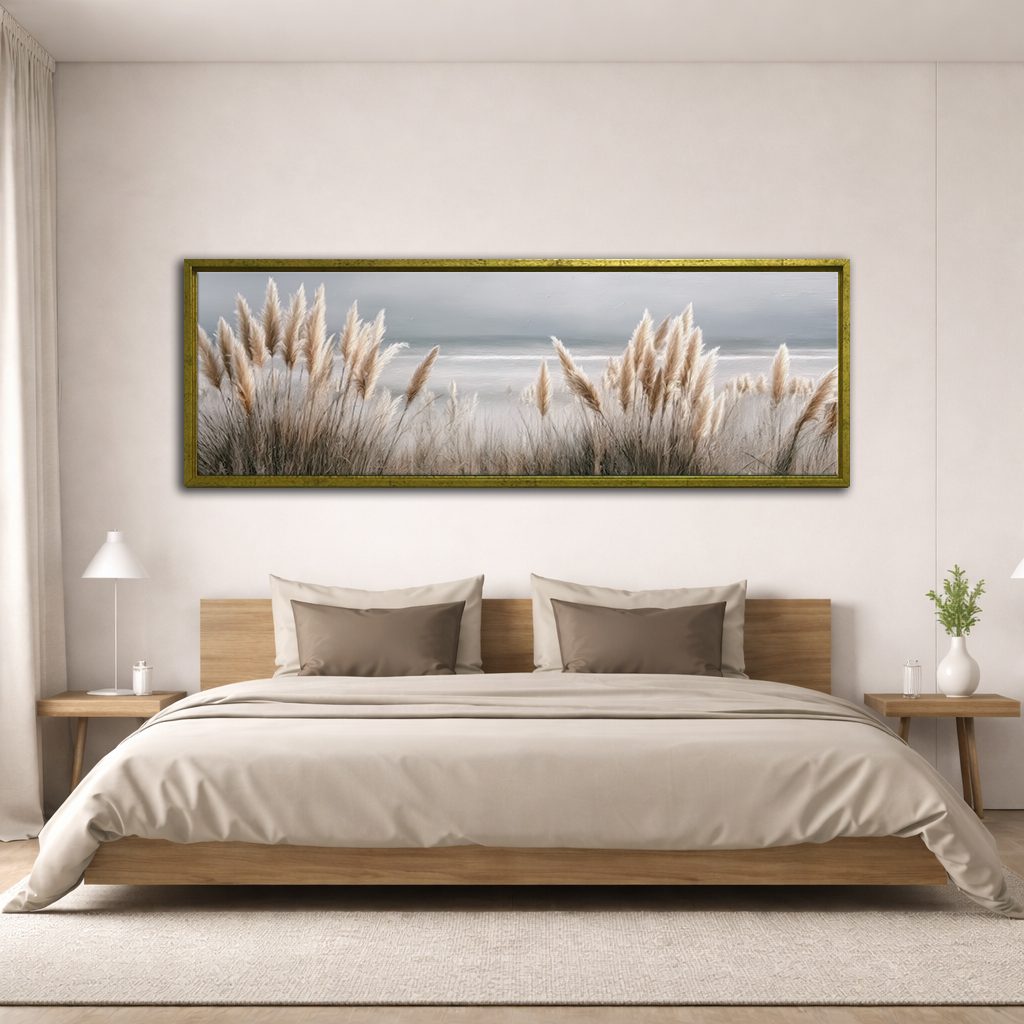 Pampas Grass Coastal Neutral canvas wall art, antique gold floating frame