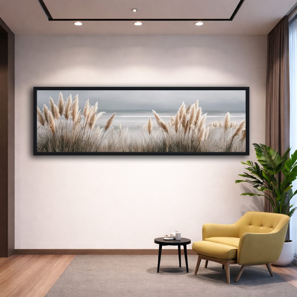 Pampas Grass Coastal Neutral canvas wall art, black floating frame
