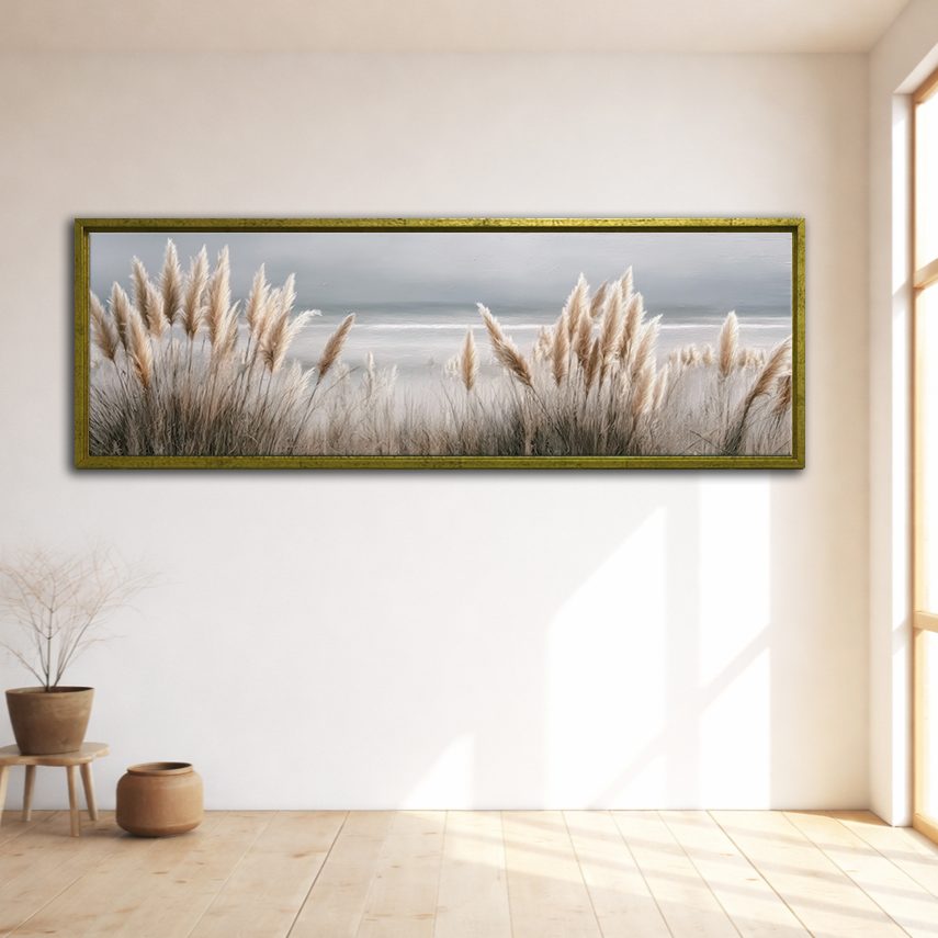 Pampas Grass Coastal Neutral canvas wall art, gold floating frame