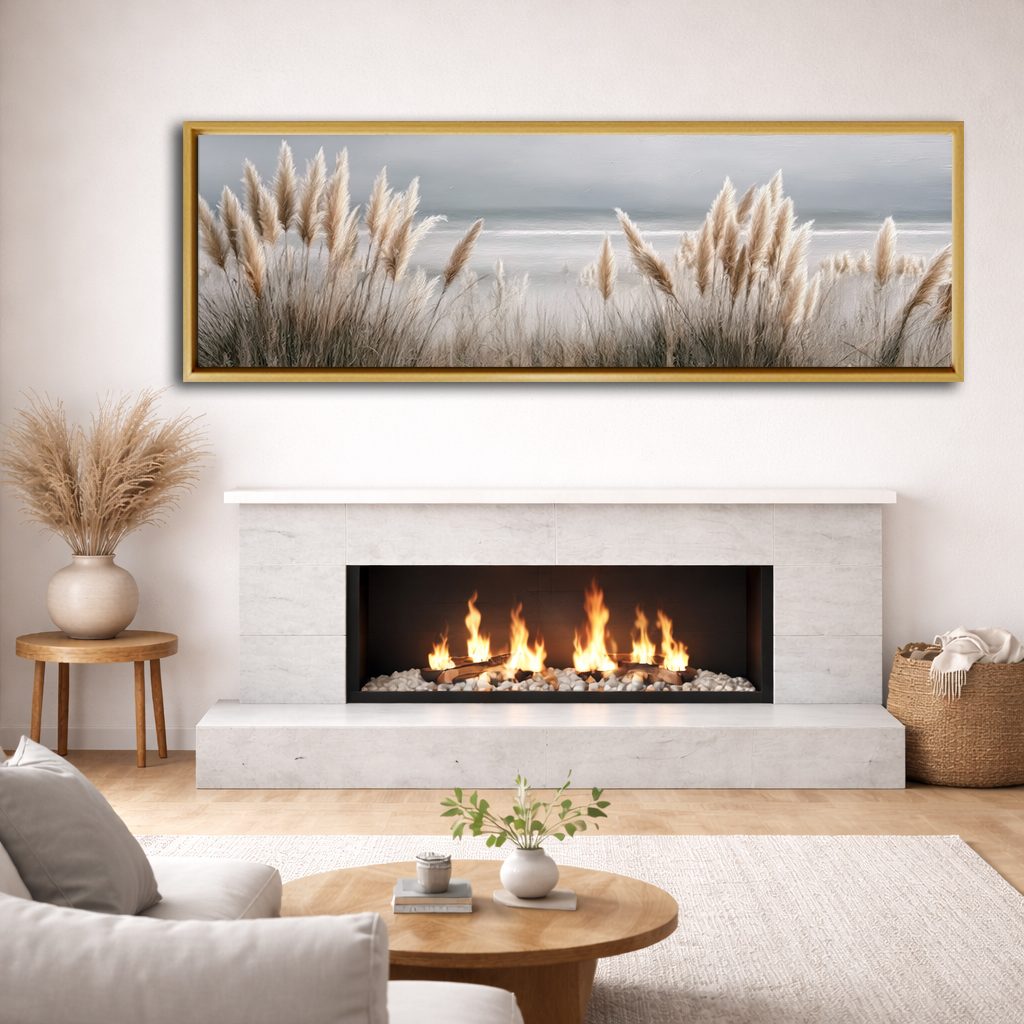 Pampas Grass Coastal Neutral canvas wall art, natural wood floating frame