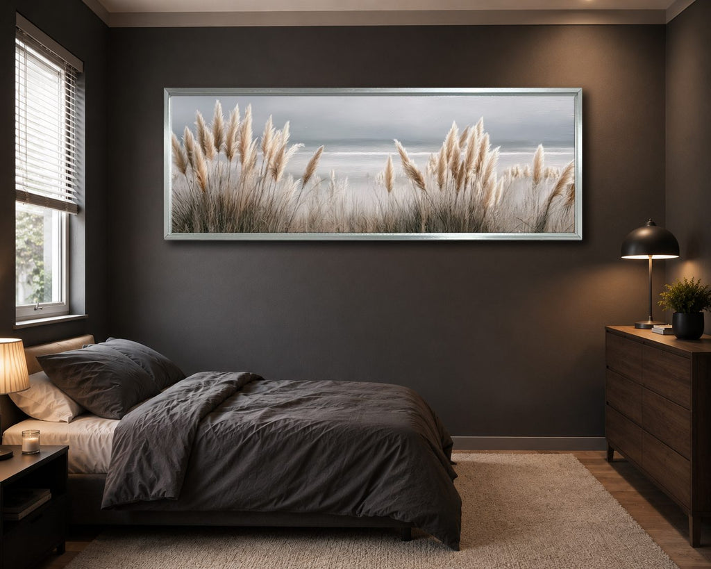 Pampas Grass Coastal Neutral canvas wall art, silver floating frame