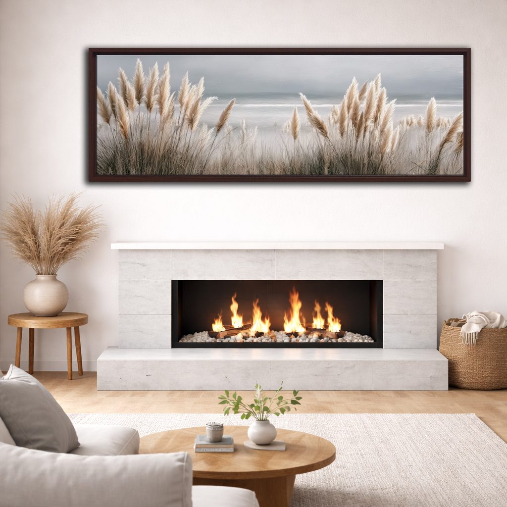 Pampas Grass Coastal Neutral canvas wall art, walnut floating frame