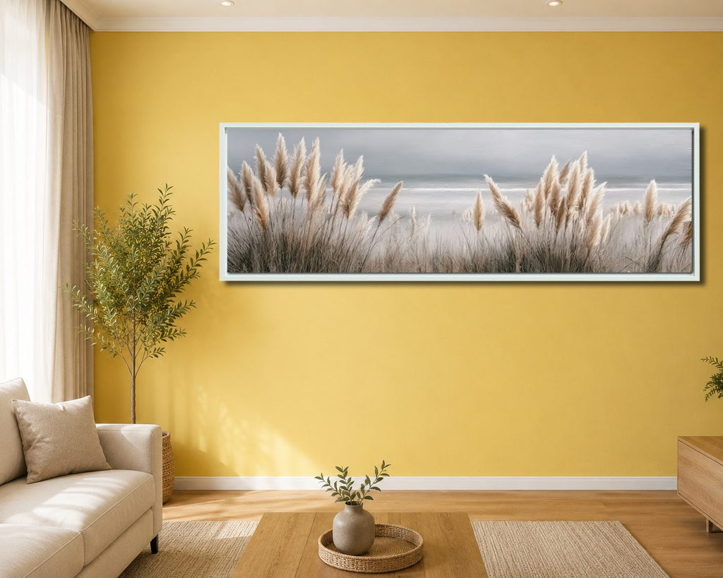 Pampas Grass Coastal Neutral canvas wall art, white floating frame