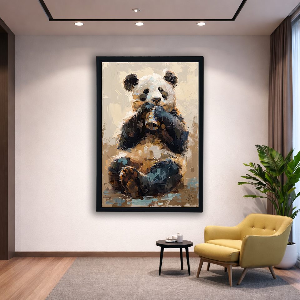 Panda Bear Painting canvas wall art, black floating frame