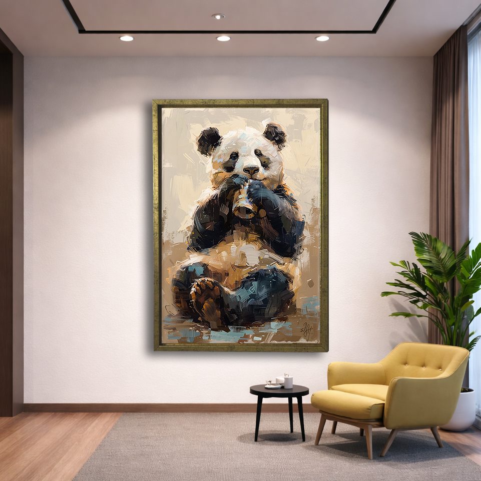Panda Bear Painting canvas wall art, gold floating frame