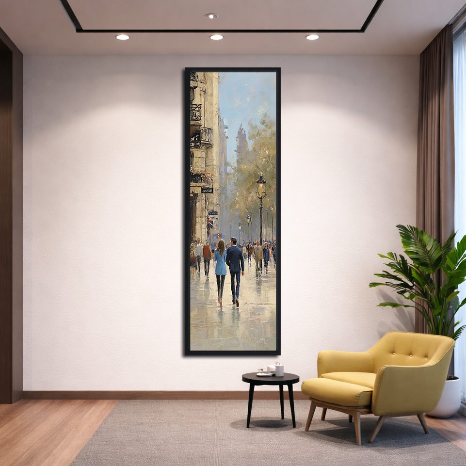 Paris Street Scene with Rain canvas wall art, black floating frame