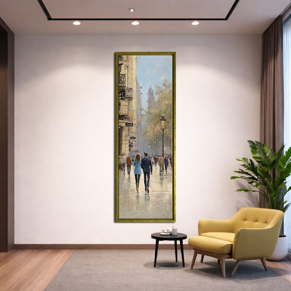 Paris Street Scene with Rain canvas wall art, gold floating frame