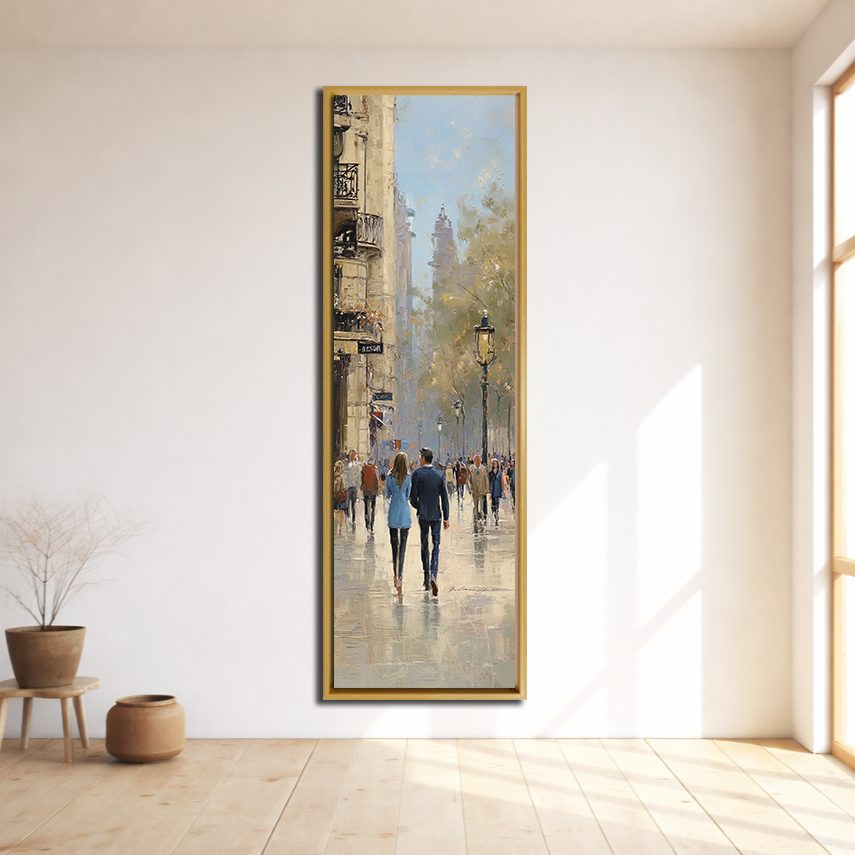 Paris Street Scene with Rain canvas wall art, natural wood floating frame