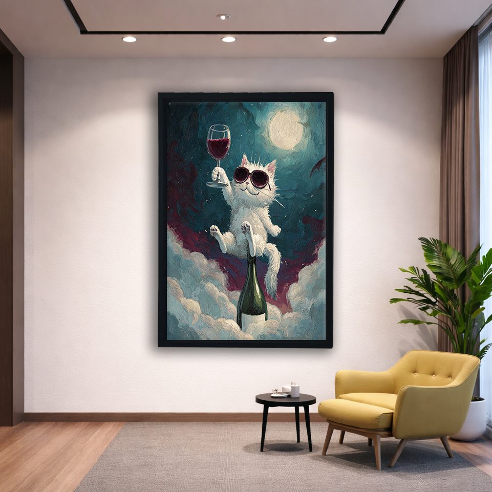Party Cat with Wine on the Moon canvas wall art, black floating frame
