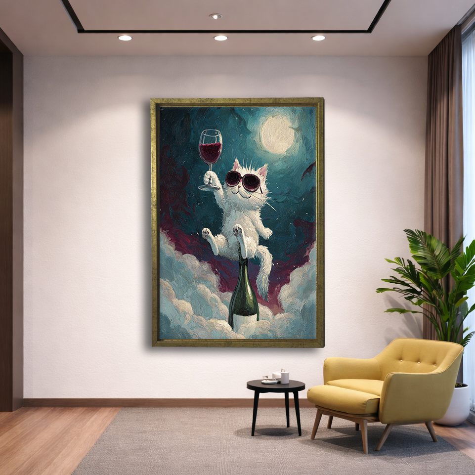 Party Cat with Wine on the Moon canvas wall art, gold floating frame