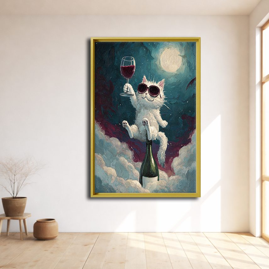 Party Cat with Wine on the Moon canvas wall art, natural wood floating frame
