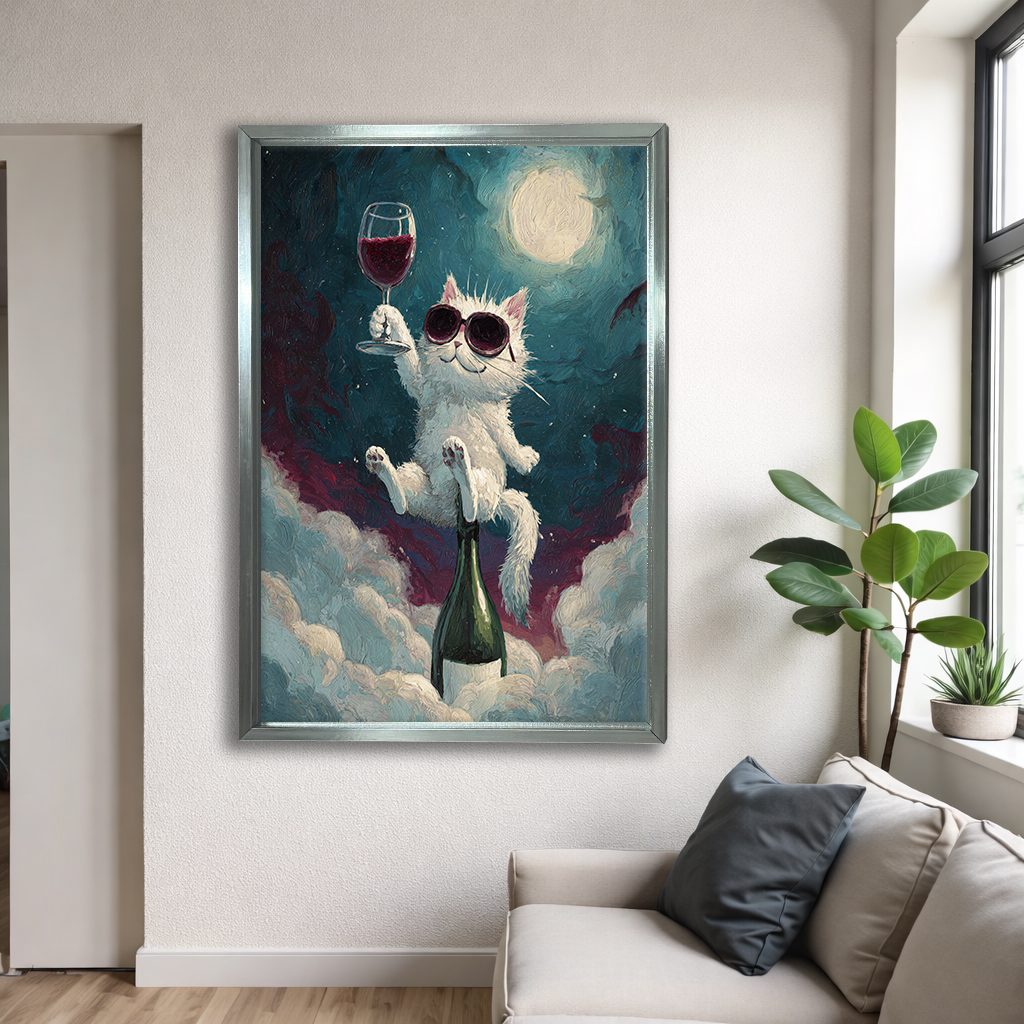 Party Cat with Wine on the Moon canvas wall art, silver floating frame