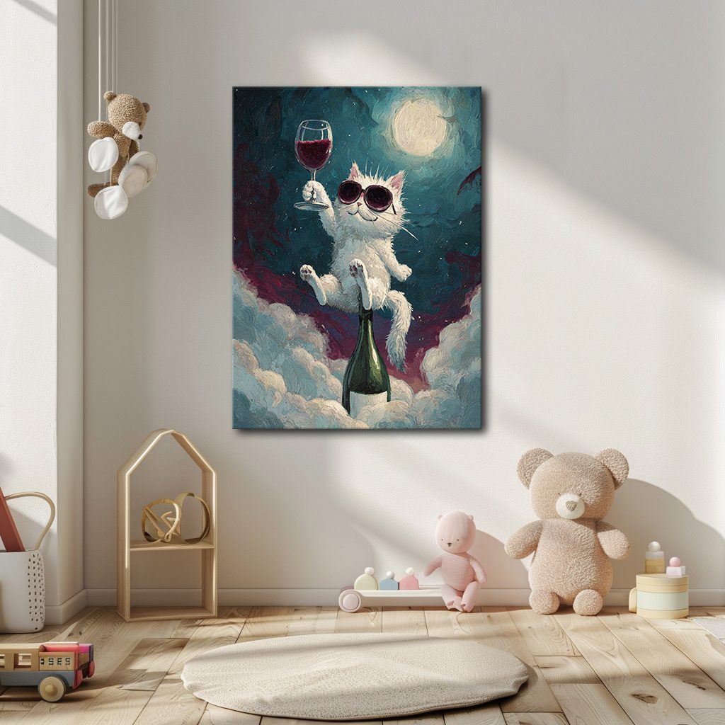 Party Cat with Wine on the Moon canvas wall art, unframed canvas