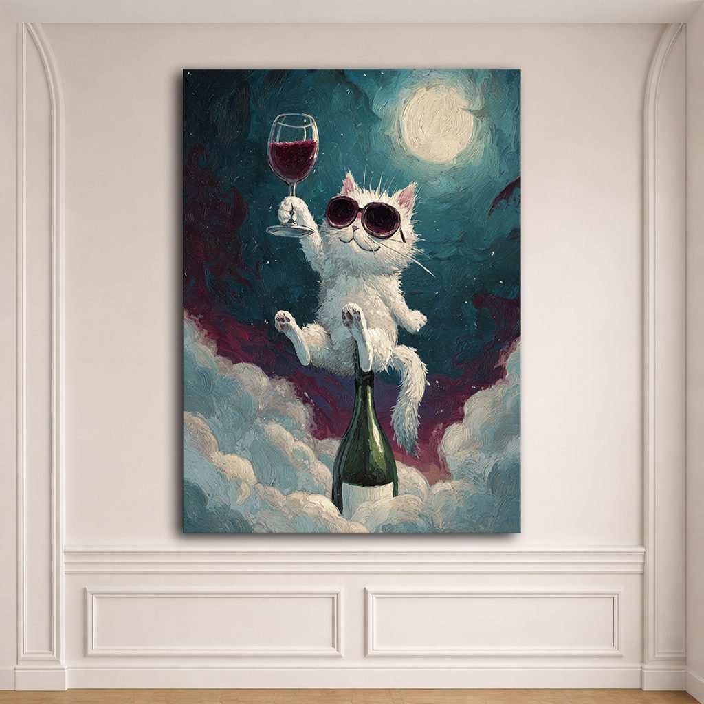 Party Cat with Wine on the Moon canvas wall art, unframed canvas