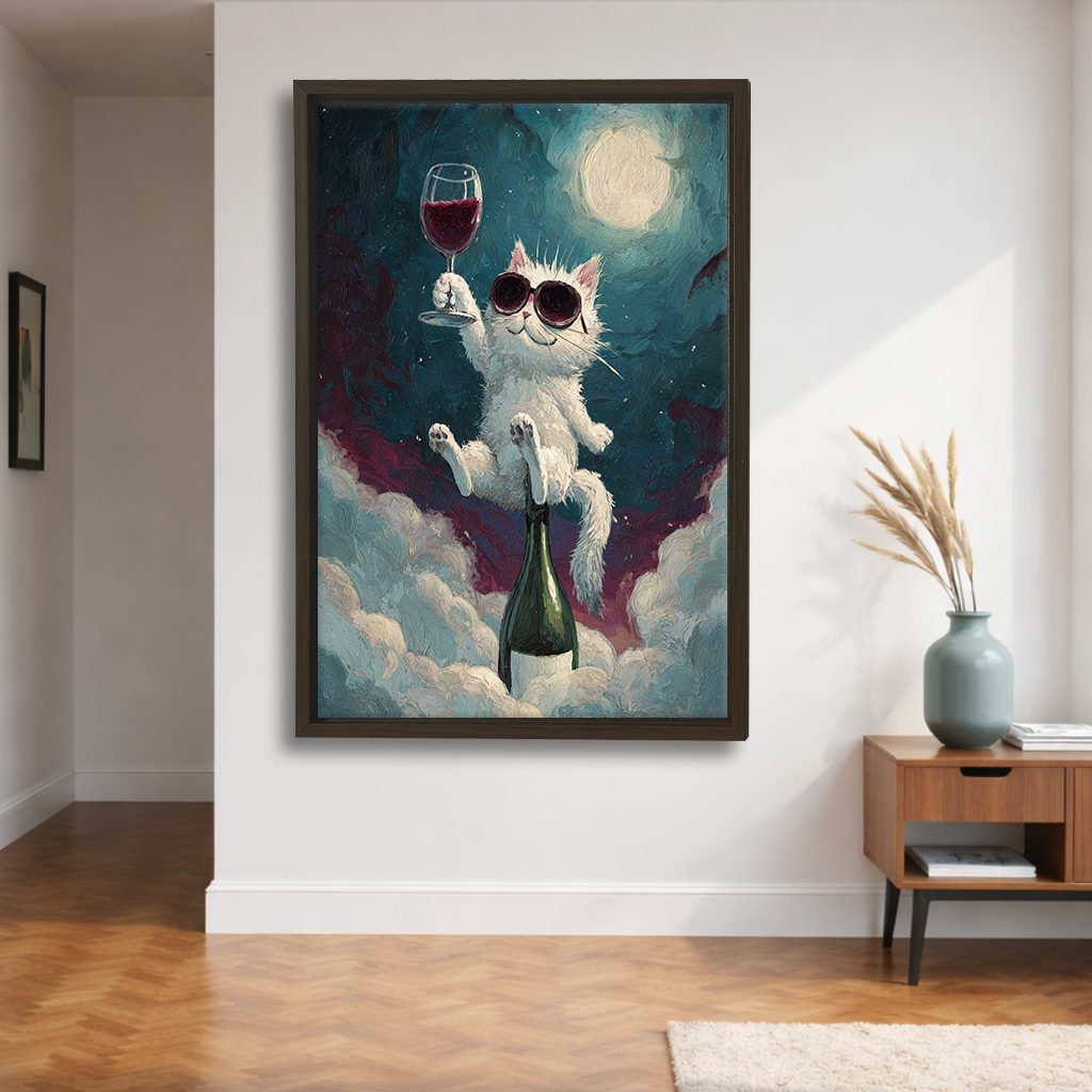 Party Cat with Wine on the Moon canvas wall art, walnut floating frame