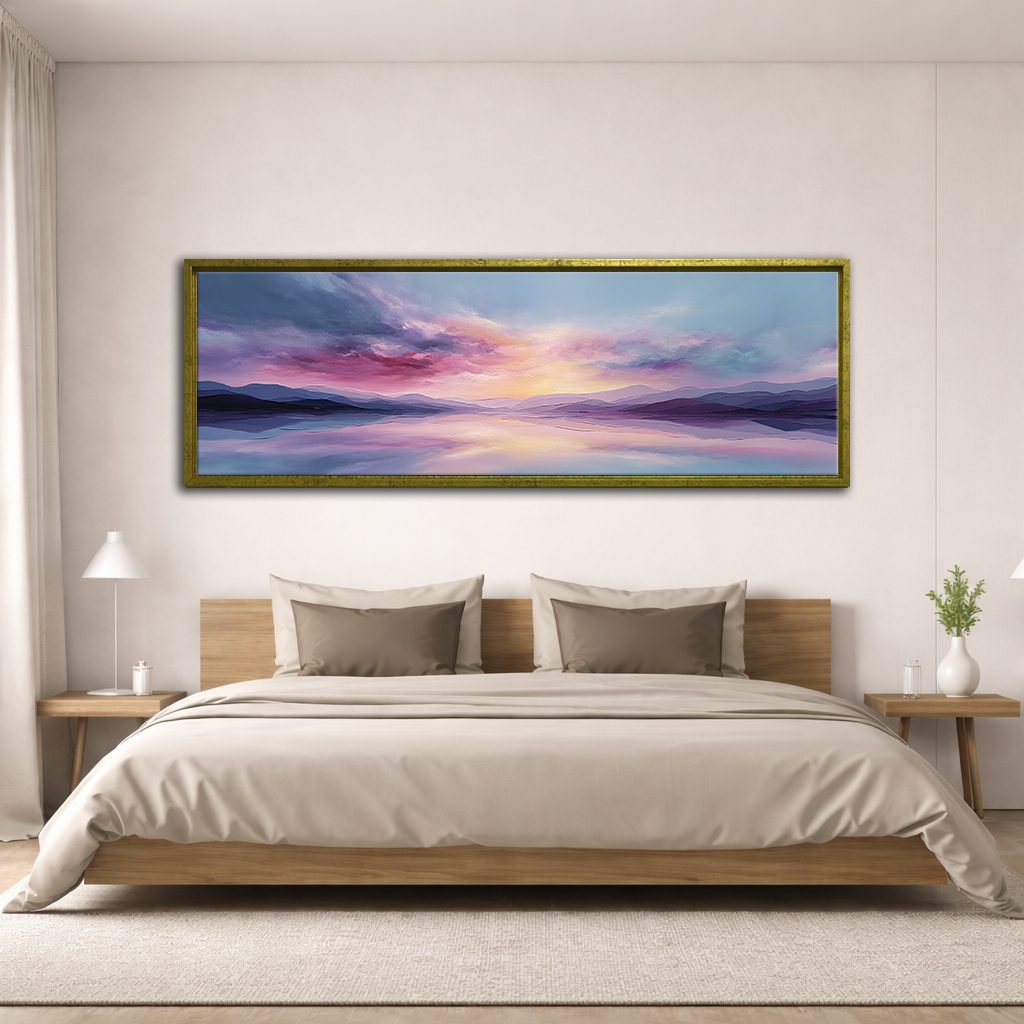 Pastel Purple Sunset Lake canvas wall art, antique gold floating frame
